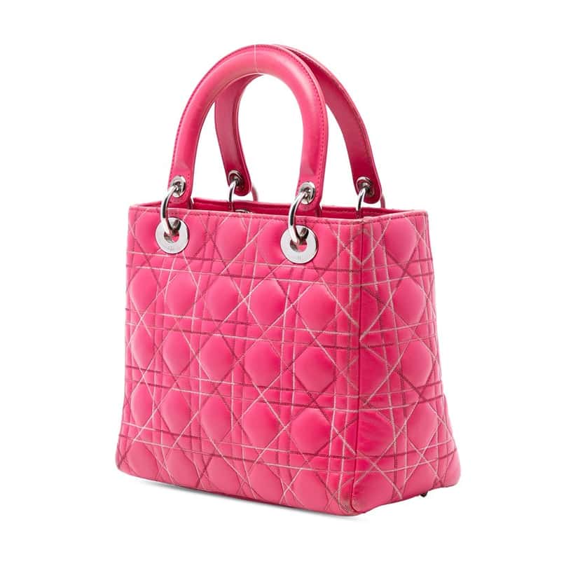 Dior Medium Lambskin Cannage Contrast Stitch Lady Dior Pink Leather Good condition - Back View