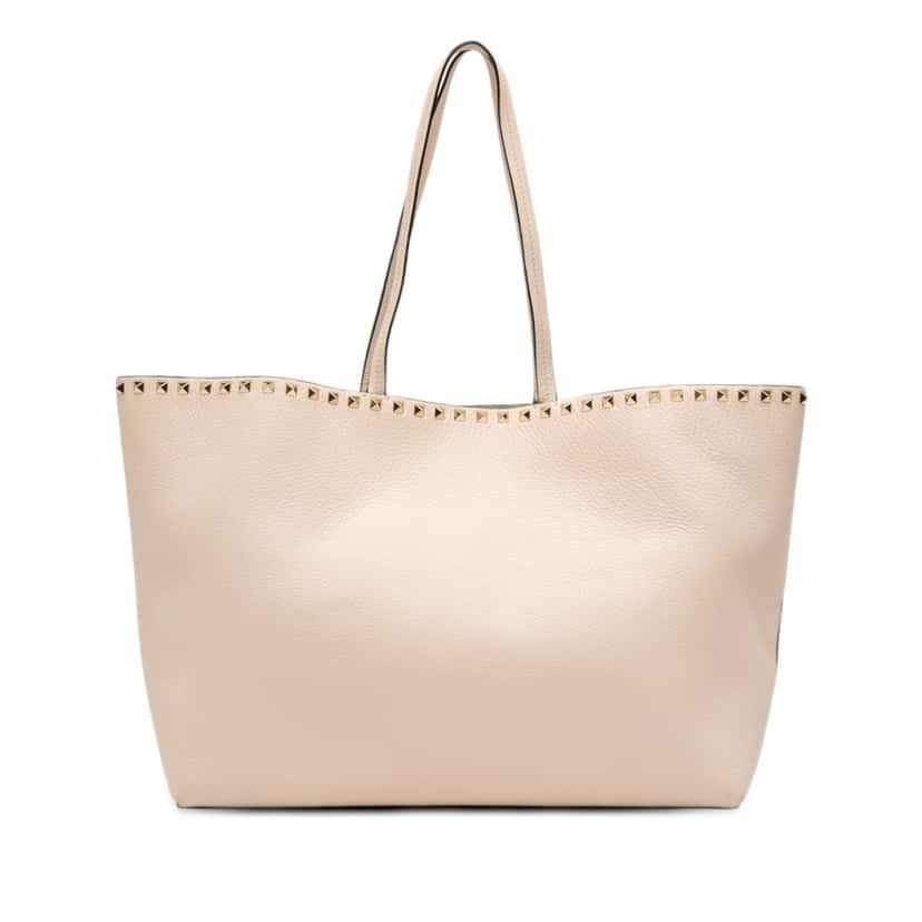 Valentino Pebbled Calfskin Rockstud Shopper Tote White Leather Very good condition - Front View