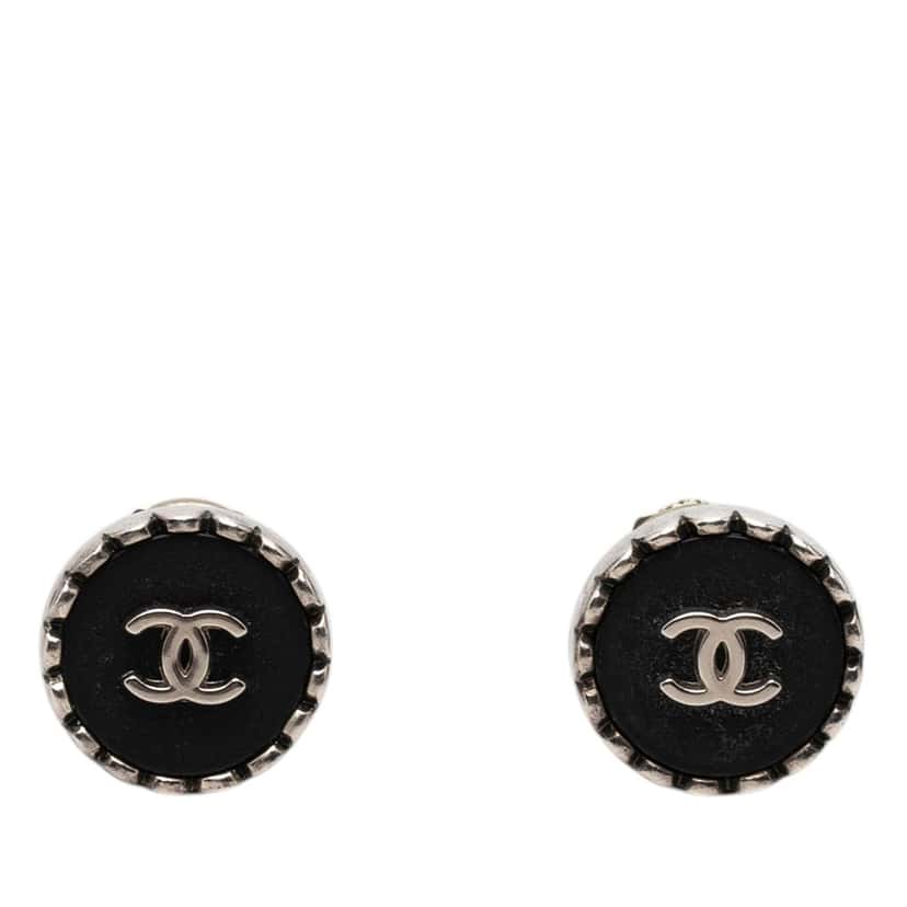 Chanel CC Brass Enamel Button Clip on Earrings Black Metal Very good condition - Front View