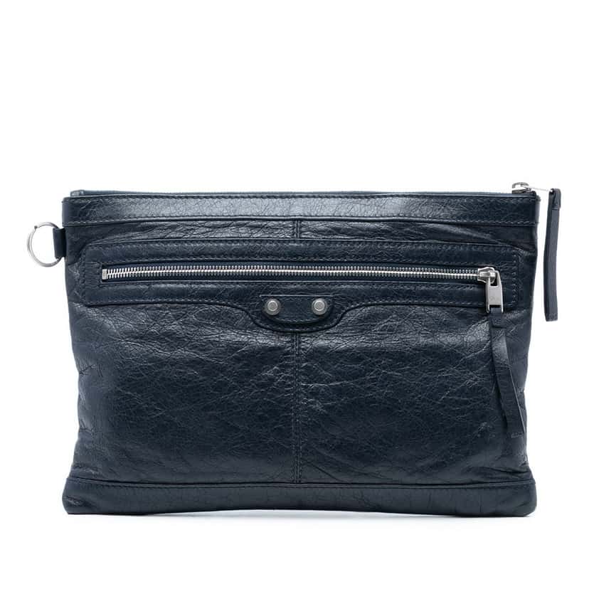 Balenciaga Lambskin Motocross Classic Clip M Clutch Blue Leather Very good condition - Front View