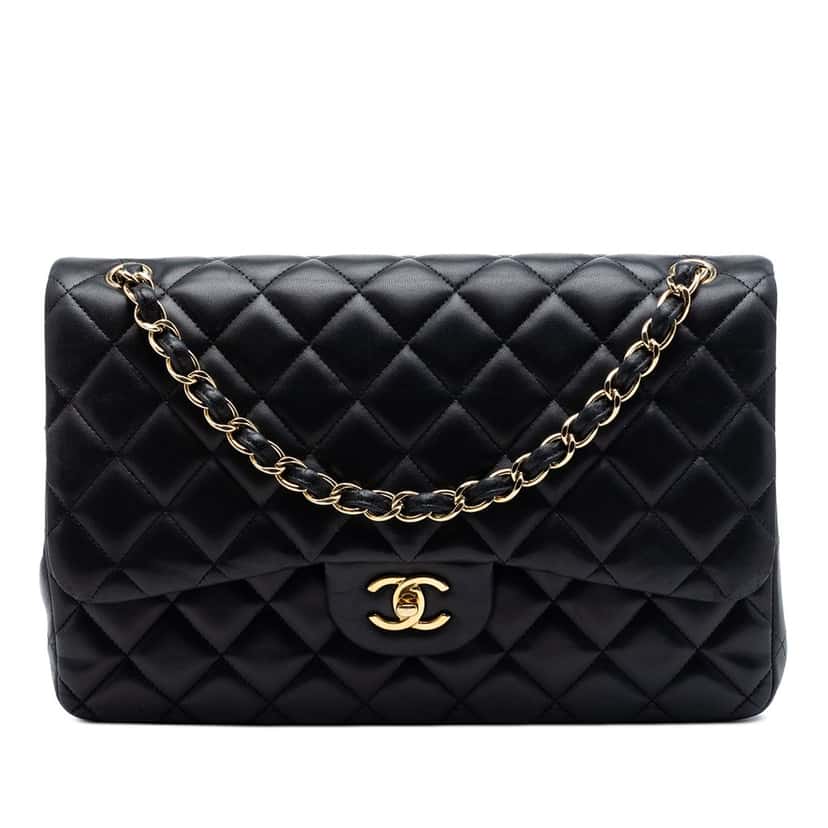 Chanel Jumbo Classic Lambskin Double Flap Black Leather Very good condition - Front View
