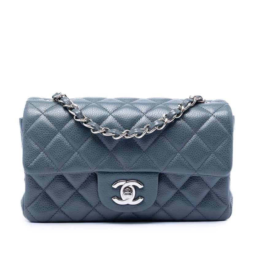 Chanel Mini Rectangular Classic Caviar Single Flap Blue Leather Very good condition - Front View