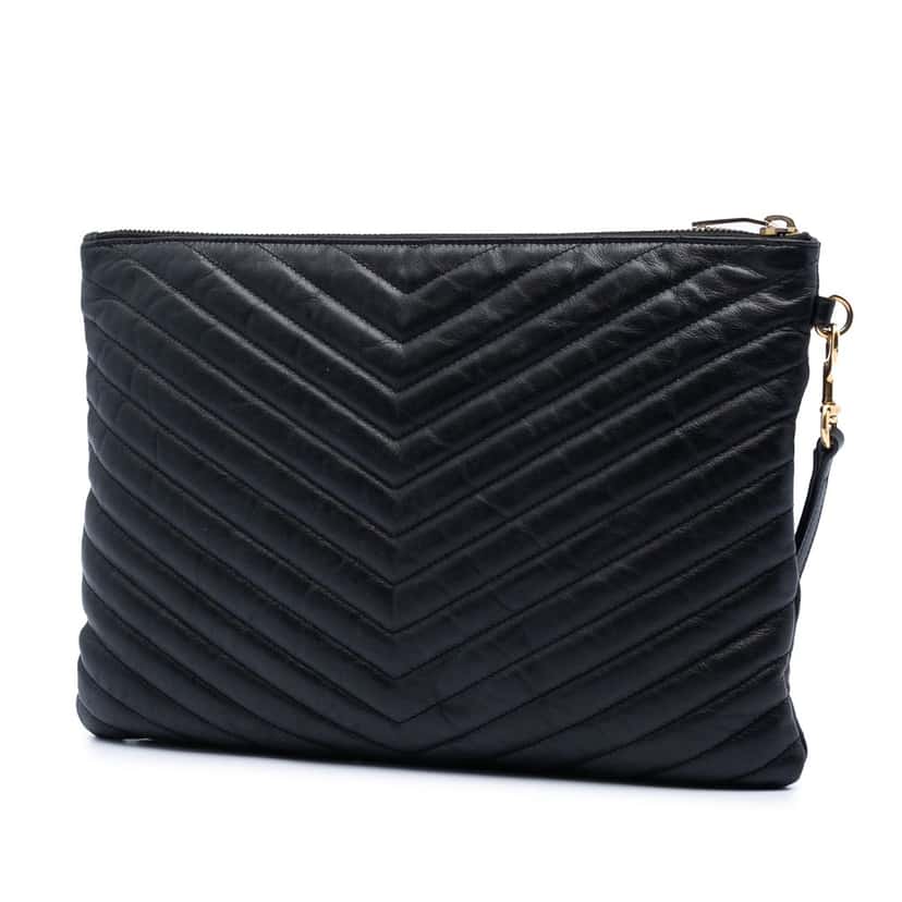 Saint Laurent Chevron Calfskin Monogram Zip A4 Pouch Black Leather Very good condition - Back View