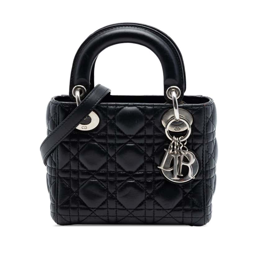 Dior Mini Lambskin Cannage Lady Dior Black Leather Very good condition - Front View