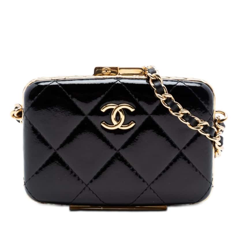 Chanel Small Glazed Goatskin Box With Chain Black Leather Very good condition - Front View