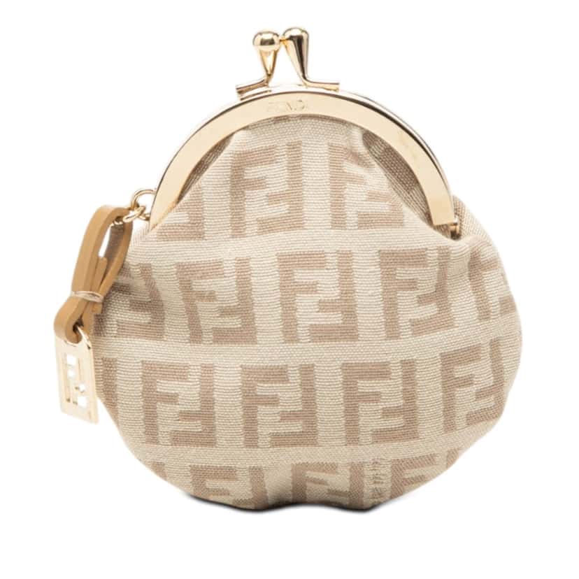Fendi Zucchino Canvas Kiss Lock Coin Purse Beige Very good condition - Front View