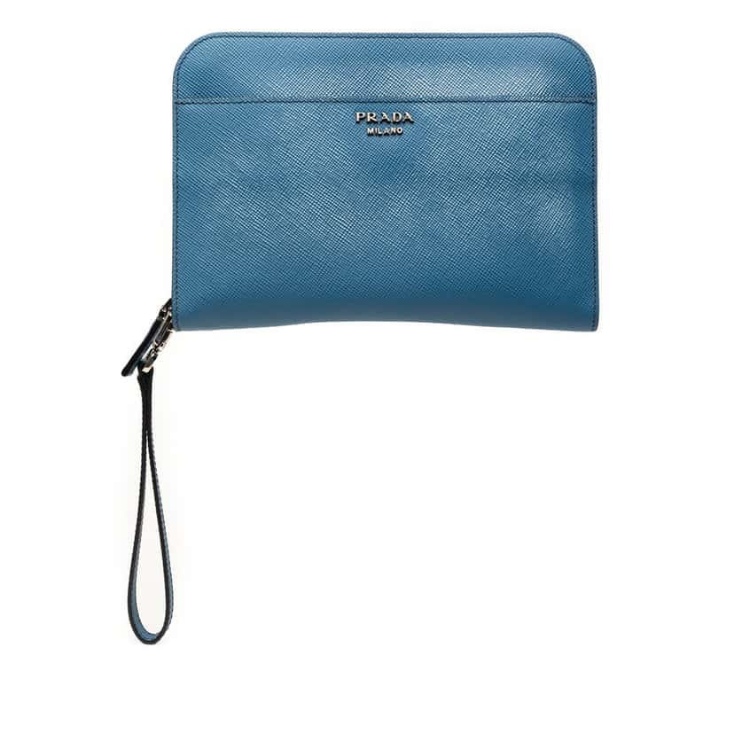 Prada Saffiano Clutch Blue Leather Very good condition - Front View