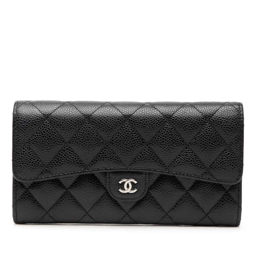 Chanel CC Quilted Caviar Classic Flap Wallet Black Leather Very good condition - Front View