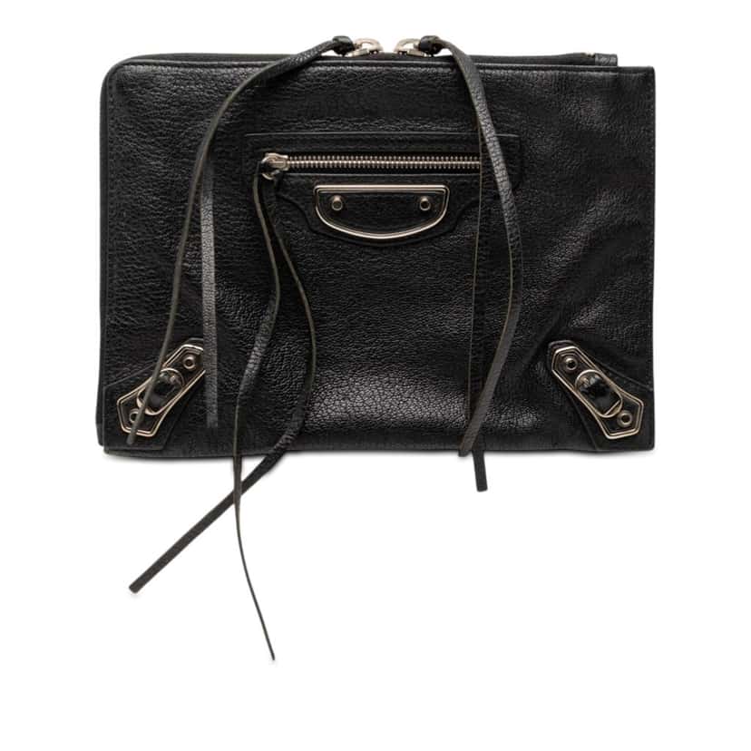 Balenciaga Chevre Motocross Classic Metallic Edge Clutch Black Leather Very good condition - Front View