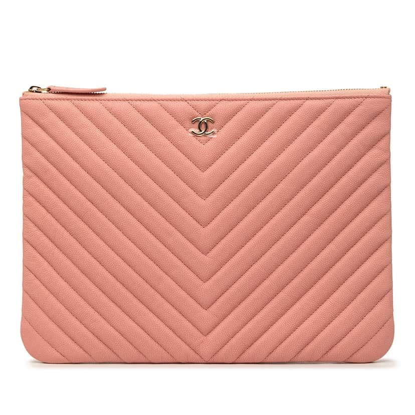 Chanel Medium CC Chevron Caviar O Case Clutch Pink Leather Very good condition - Front View