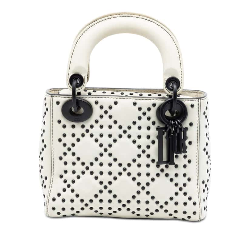 Dior Mini Ultra Matte Calfskin Cannage Studded Supple Lady Dior White Leather Very good condition - Front View