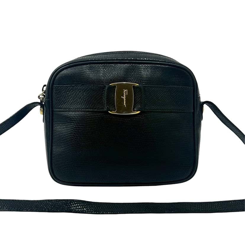 Ferragamo Embossed Lizard Leather Vara Crossbody Black Leather Very good condition - Front View