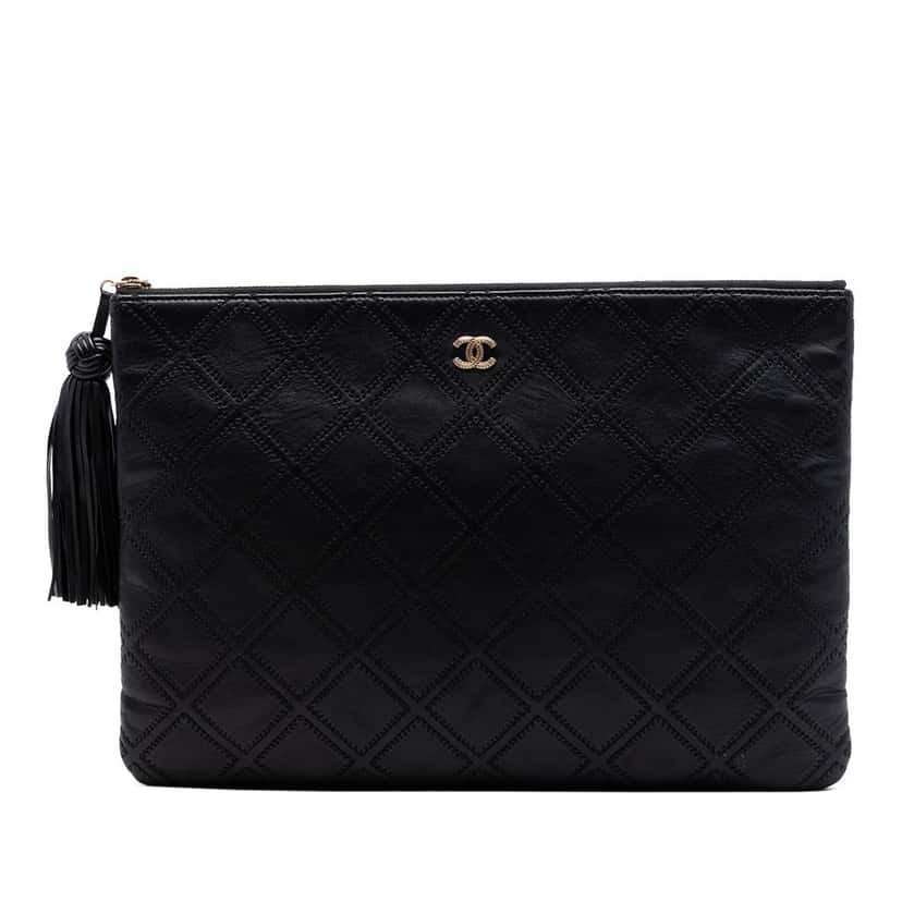 Chanel Large Quilted Lambskin Double Stitch Tassel O Case Clutch Black Leather Very good condition - Front View