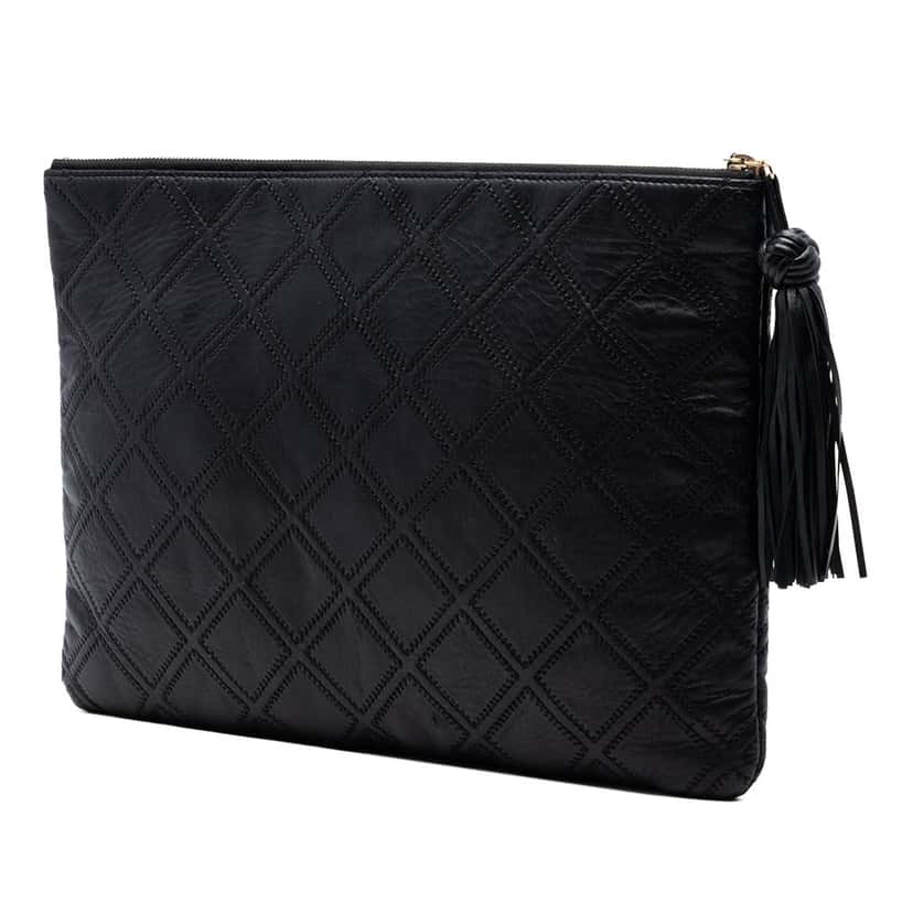 Chanel Large Quilted Lambskin Double Stitch Tassel O Case Clutch Black Leather Very good condition - Back View