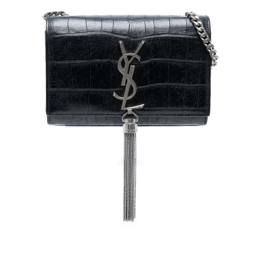 Saint Laurent Small Croc Embossed Leather Monogram Kate Tassel Crossbody Black Leather Very good condition - Front View