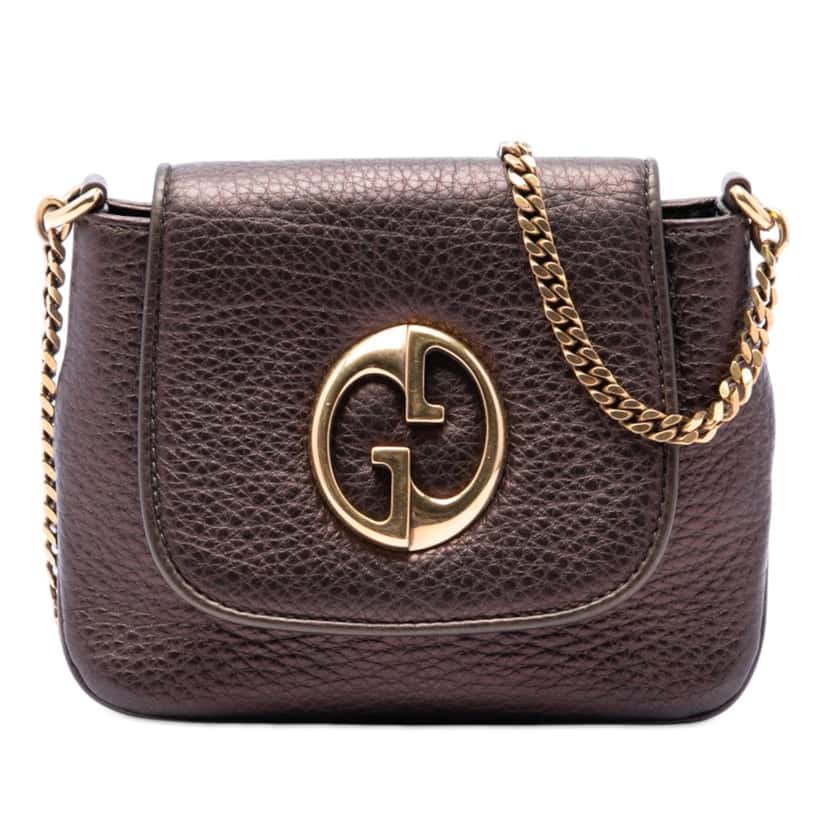 Gucci Small Metallic Pebbled Calfskin 1973 Chain Crossbody Brown Leather Very good condition - Front View