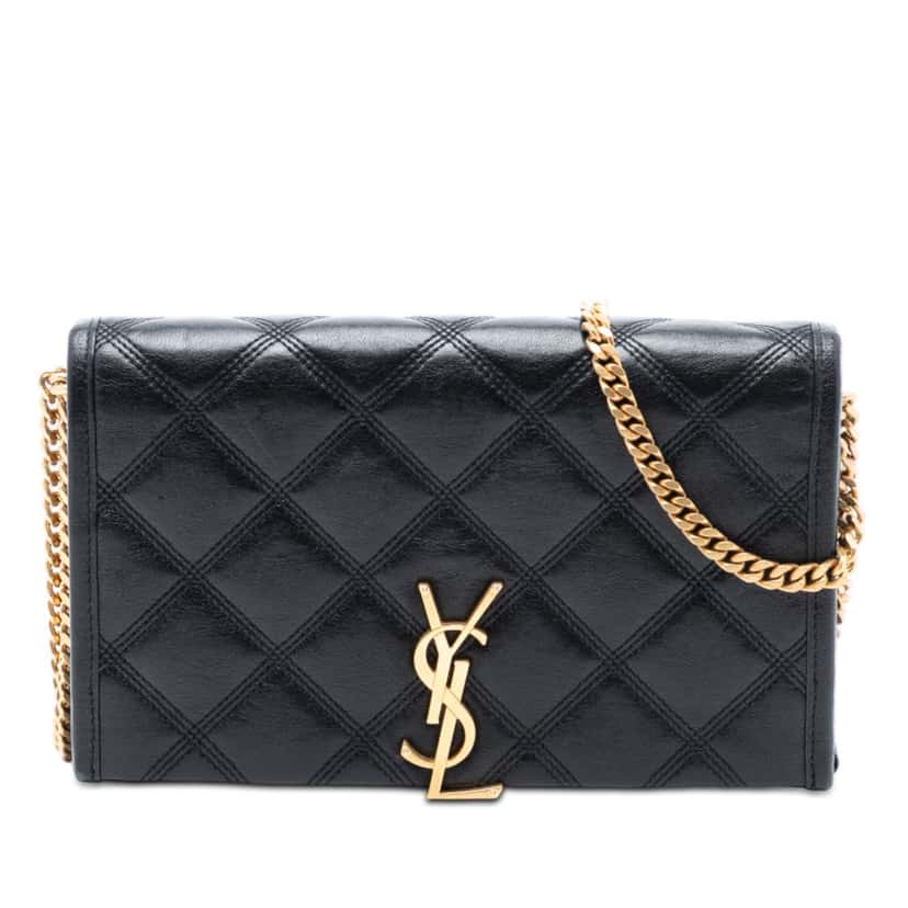 Saint Laurent Quilted Diamond Lambskin Becky Wallet on Chain Black Leather Very good condition - Front View