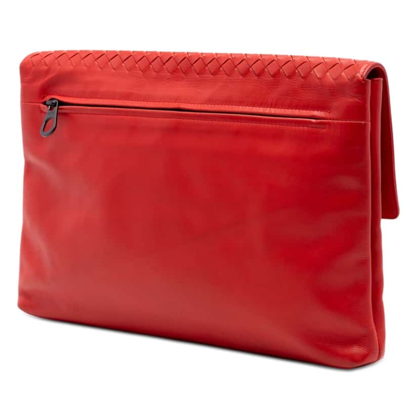 Bottega Veneta Nappa Intrecciato Portfolio Flap Clutch Red Leather Very good condition - Back View