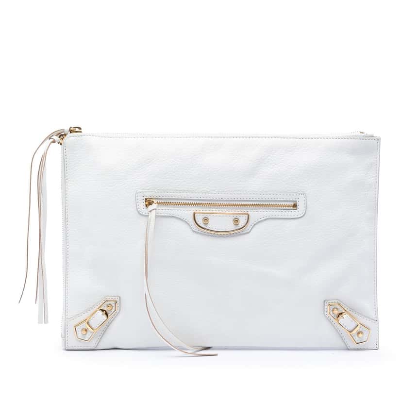 Balenciaga Chevre Motocross Classic Metallic Edge Clutch White Leather Very good condition - Front View