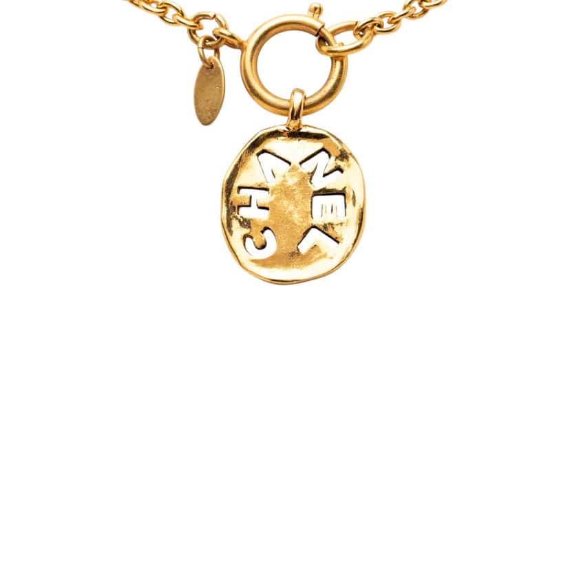 Chanel Gold Plated Logo Round Pendant Necklace Gold Metal Very good condition - Back View