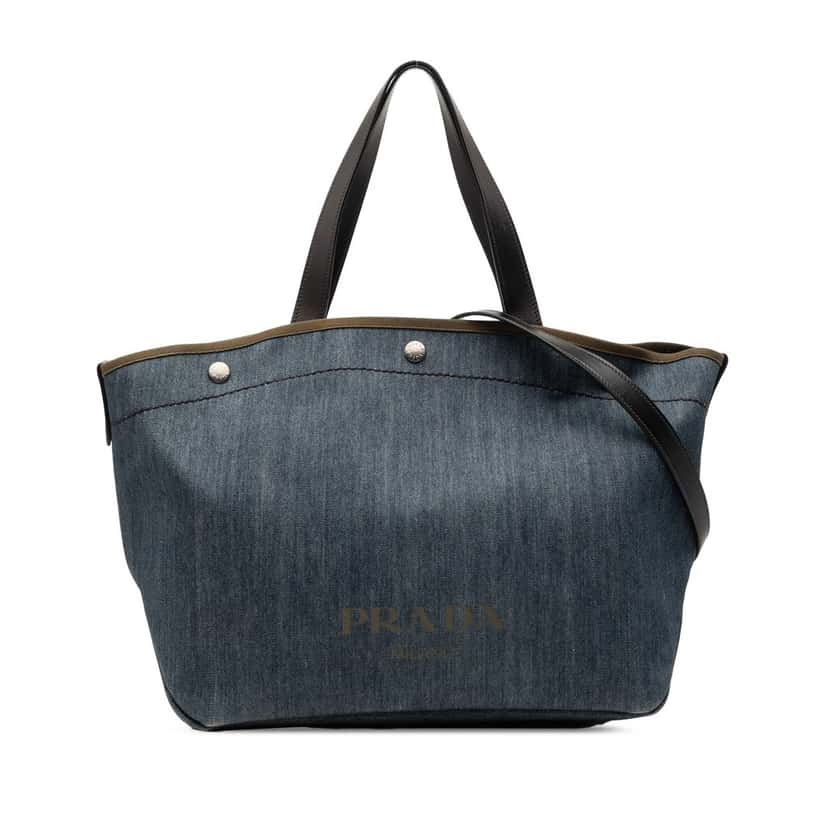 Prada City Calf Trimmed Denim Snap Logo Shopping Satchel Blue Very good condition - Front View