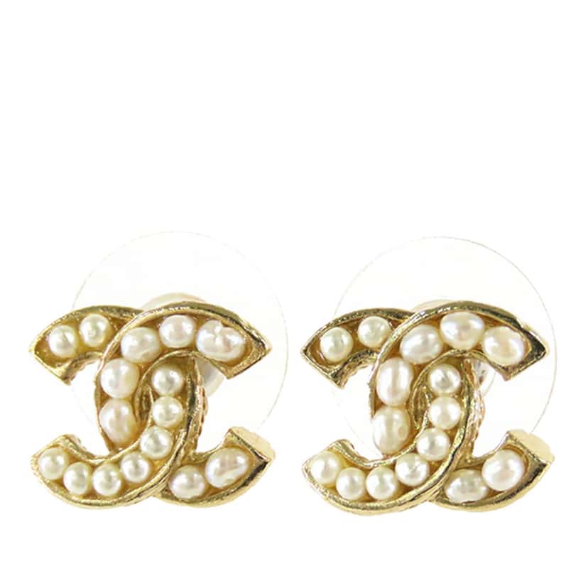 Chanel CC Gold Plated Faux Pearl Push Back Earrings Gold Metal Very good condition - Front View