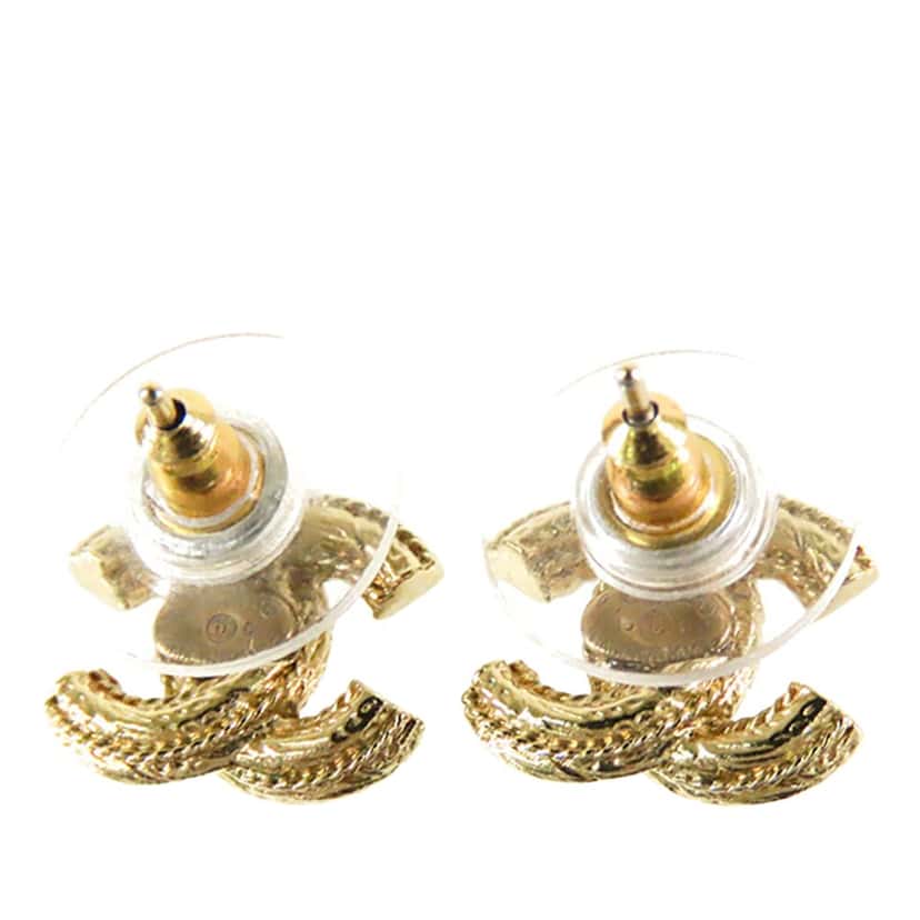 Chanel CC Gold Plated Faux Pearl Push Back Earrings Gold Metal Very good condition - Back View