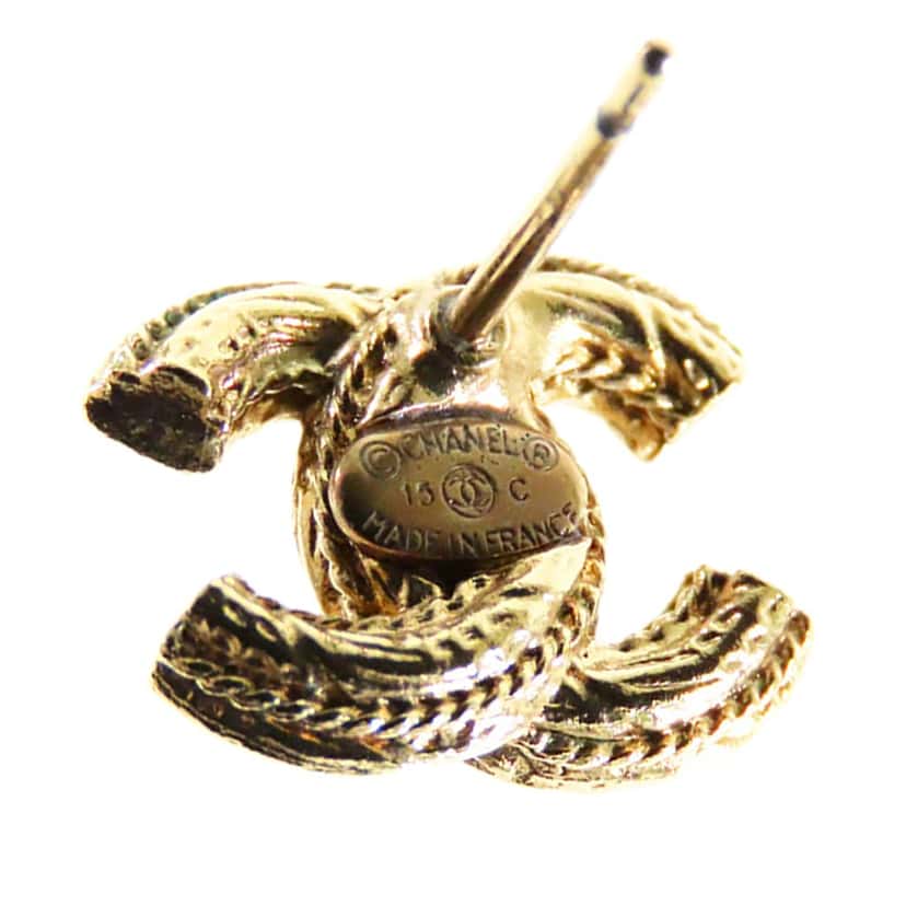 Chanel CC Gold Plated Faux Pearl Push Back Earrings Gold Metal Very good condition - Inside View