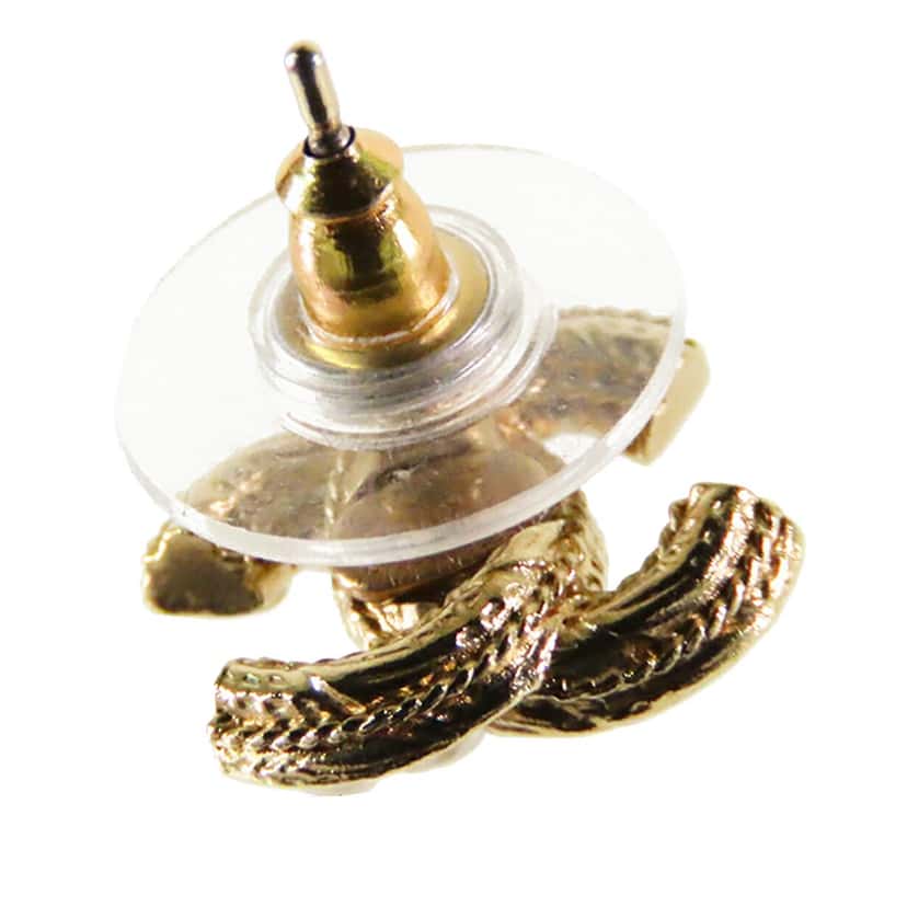 Chanel CC Gold Plated Faux Pearl Push Back Earrings Gold Metal Very good condition - Box View