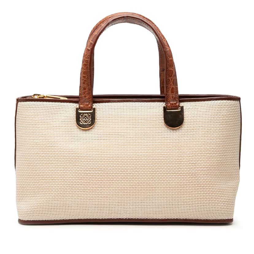 Loewe Croc Embossed Leather Trimmed Mesh Anagram Satchel Beige Very good condition - Front View