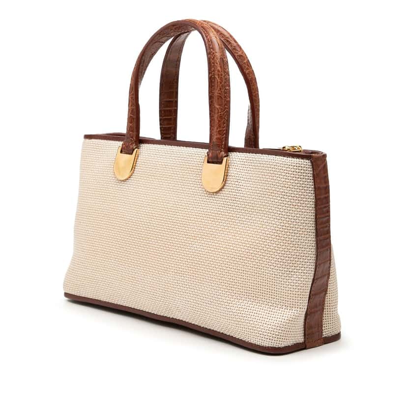 Loewe Croc Embossed Leather Trimmed Mesh Anagram Satchel Beige Very good condition - Back View