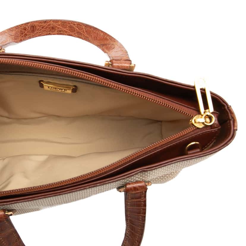 Loewe Croc Embossed Leather Trimmed Mesh Anagram Satchel Beige Very good condition - Model View
