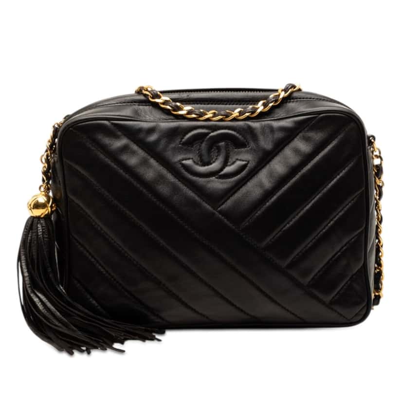 Chanel CC Diagonal Quilted Lambskin Tassel Camera Bag Black Leather Very good condition - Front View