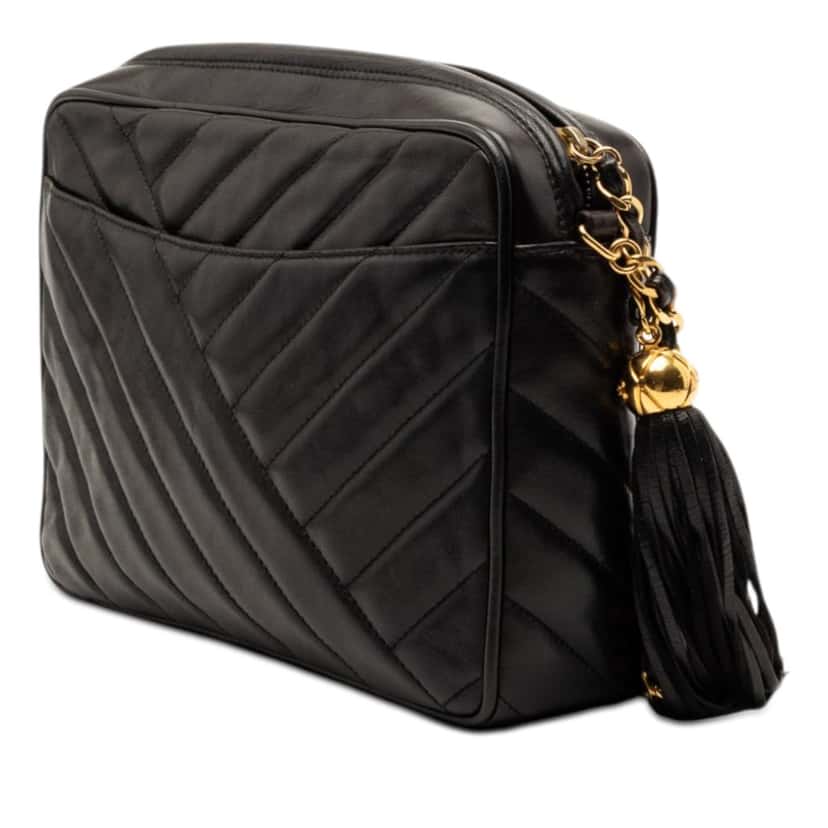 Chanel CC Diagonal Quilted Lambskin Tassel Camera Bag Black Leather Very good condition - Back View