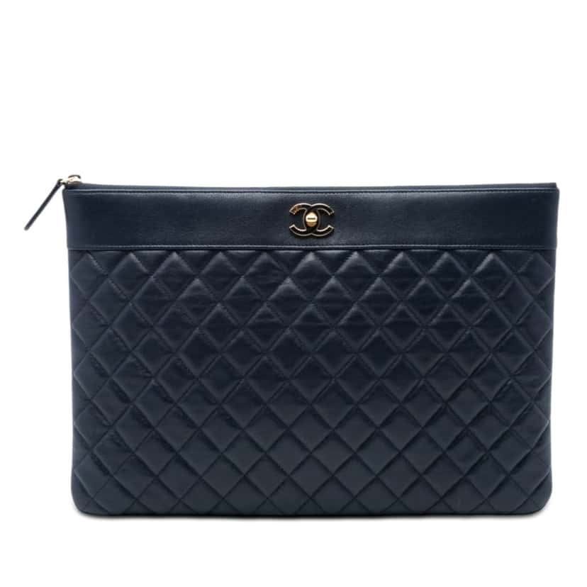Chanel Large Quilted Sheepskin Mademoiselle O Case Clutch Blue Leather Very good condition - Front View