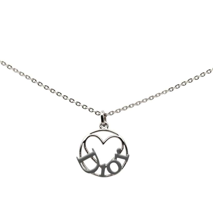 Dior Brass Heart Logo Pendant Necklace Silver Metal Very good condition - Front View