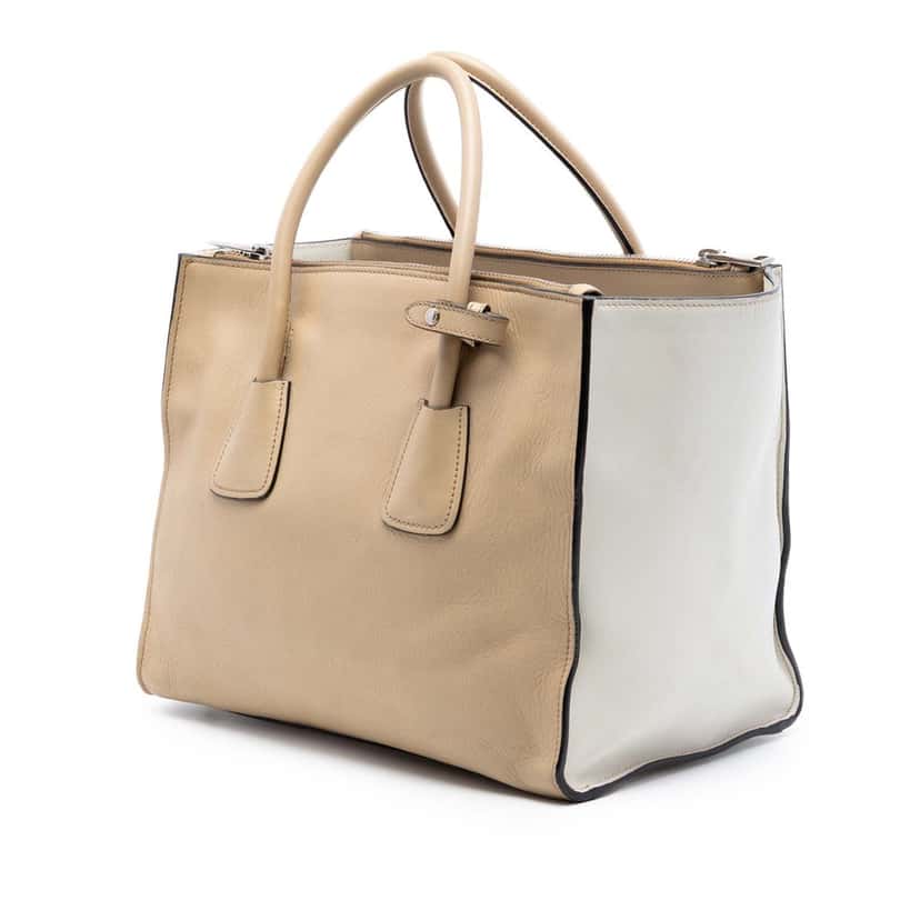 Prada Bicolor Glace Calf Twin Pocket Double Handle Satchel Beige Leather Very good condition - Back View