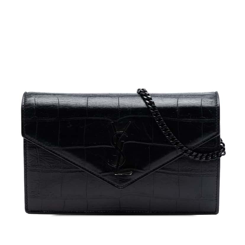 Saint Laurent Croc Embossed Leather Monogram Monochrome Envelope Chain Wallet Black Leather Very good condition - Front View
