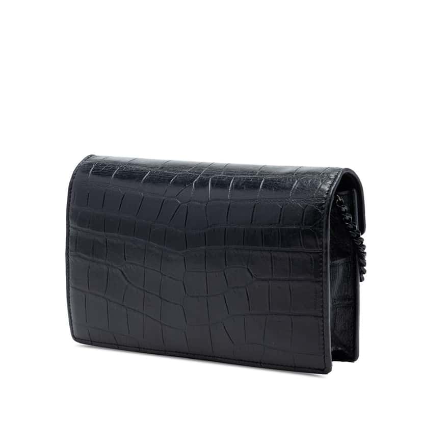 Saint Laurent Croc Embossed Leather Monogram Monochrome Envelope Chain Wallet Black Leather Very good condition - Back View