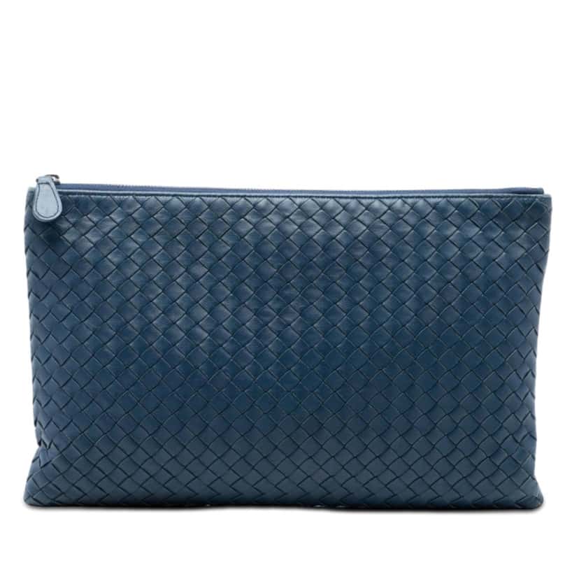 Bottega Veneta Large Nappa Intrecciato Flat Zip Biletto Pouch Blue Leather Very good condition - Front View
