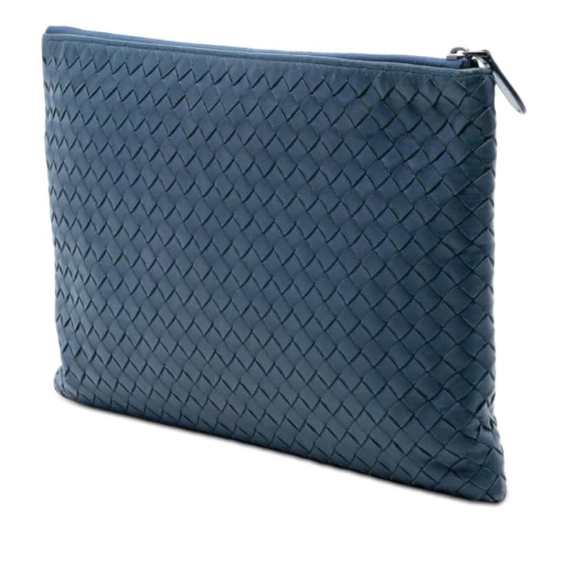 Bottega Veneta Large Nappa Intrecciato Flat Zip Biletto Pouch Blue Leather Very good condition - Back View