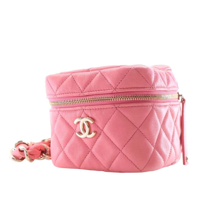 Chanel Quilted Lambskin Cube Chain Wristlet Case Pink Leather Very good condition - Back View