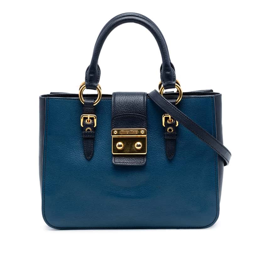 Miu Miu Bicolor Goatskin Madras Satchel Blue Leather Very good condition - Front View