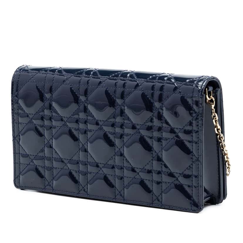 Dior Patent Cannage Lady Dior Pouch with Chain Blue Leather Very good condition - Back View