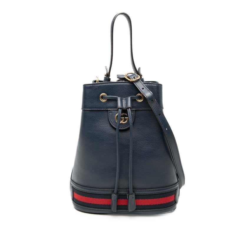 Gucci GG Web Ophidia Bucket Bag Blue Leather Very good condition - Front View