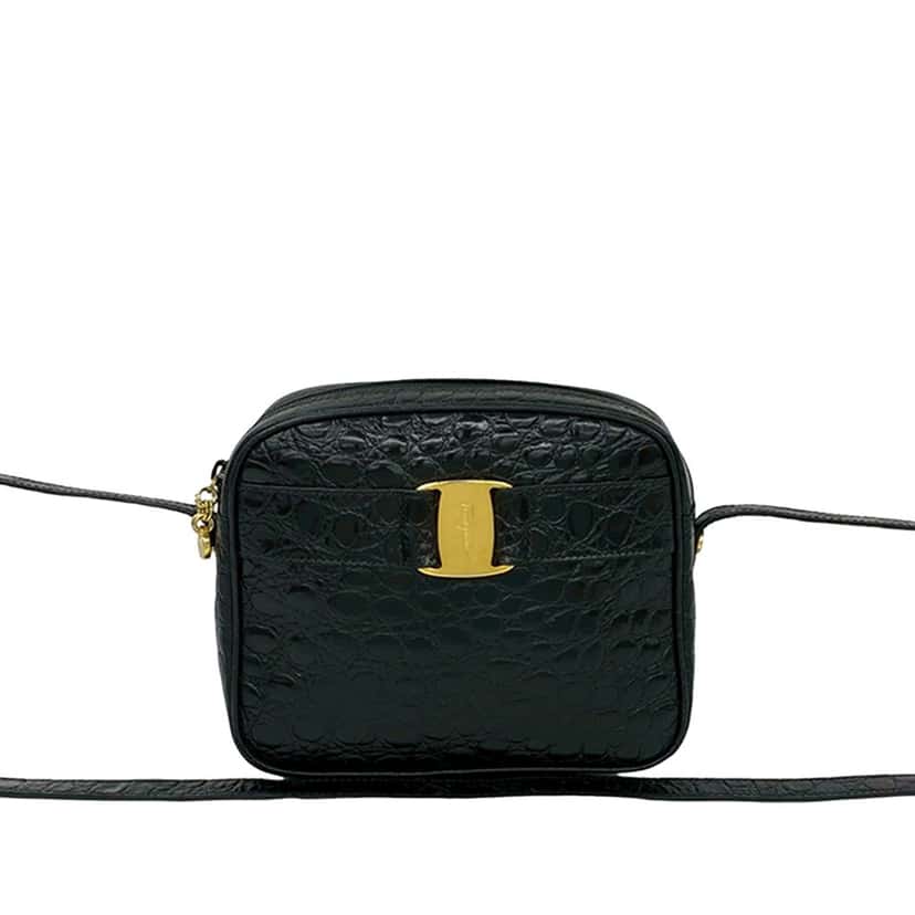 Ferragamo Croc Embossed Leather Vara Crossbody Black Leather Very good condition - Front View