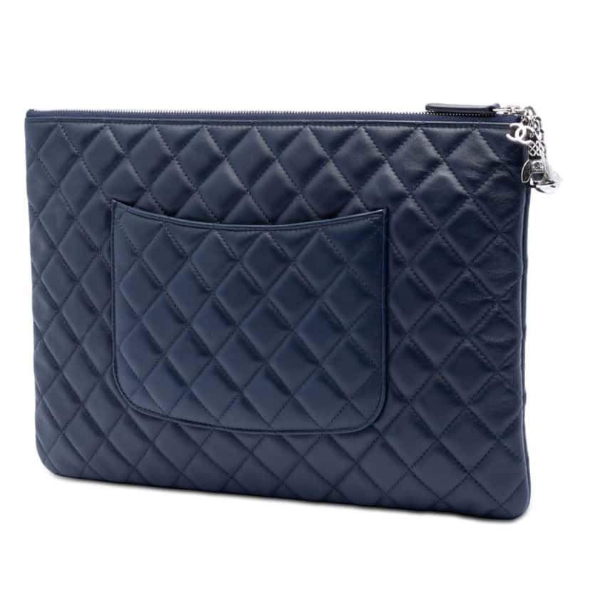 Chanel Large Quilted Lambskin Cosmo Charm O Case Clutch Blue Leather Very good condition - Back View