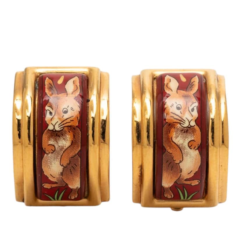 Hermès Enamel Rabbit Print Cloisonne Clip On Earrings Brown Very good condition - Front View