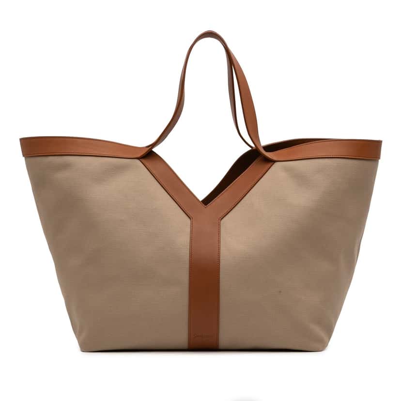 Saint Laurent Leather Trimmed Canvas Y Tote Brown Very good condition - Front View