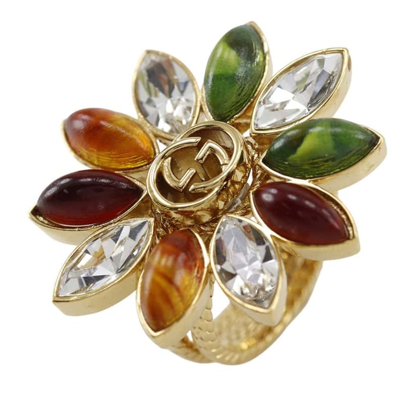 Gucci Gold Plated Strass Interlocking G Flower Ring Gold Metal Very good condition - Back View